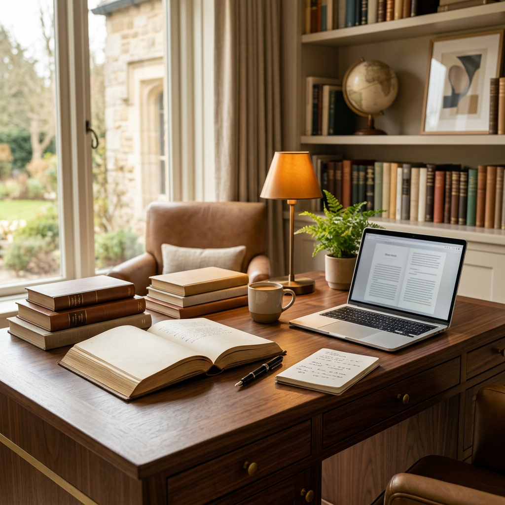 Books, notes, and a laptop arranged on a library writing desk