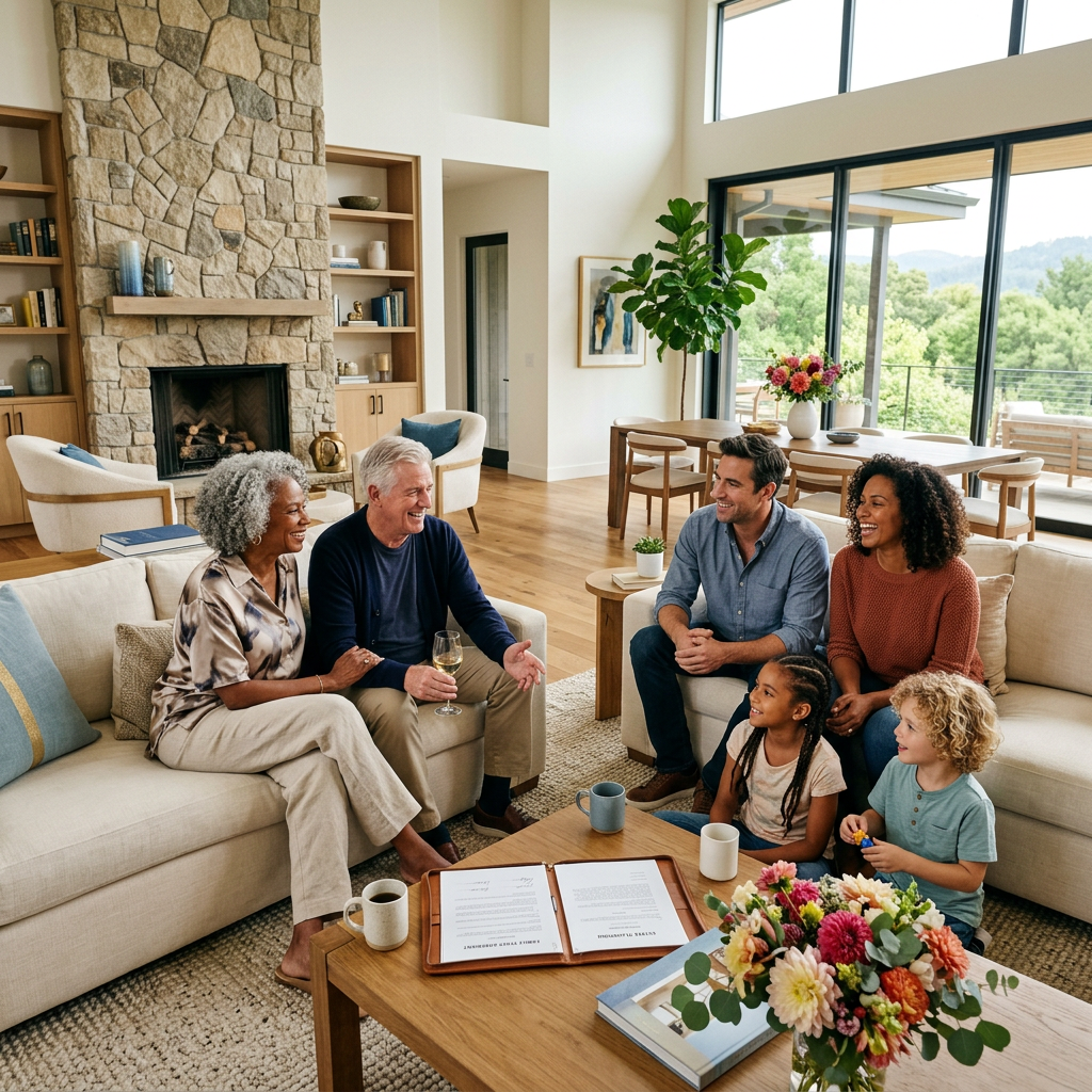A multigenerational family in conversation around a table at home