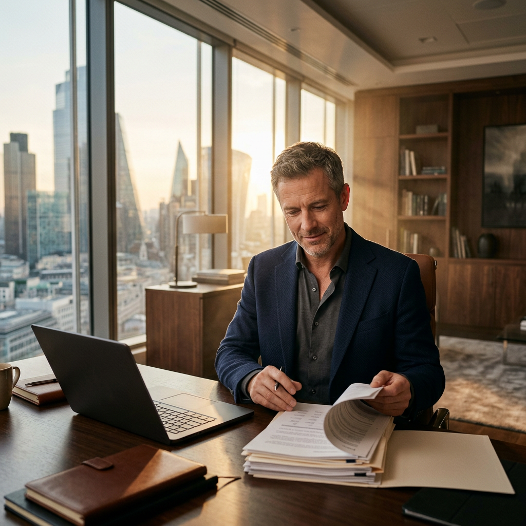 Professional reviewing financial documents beside a laptop