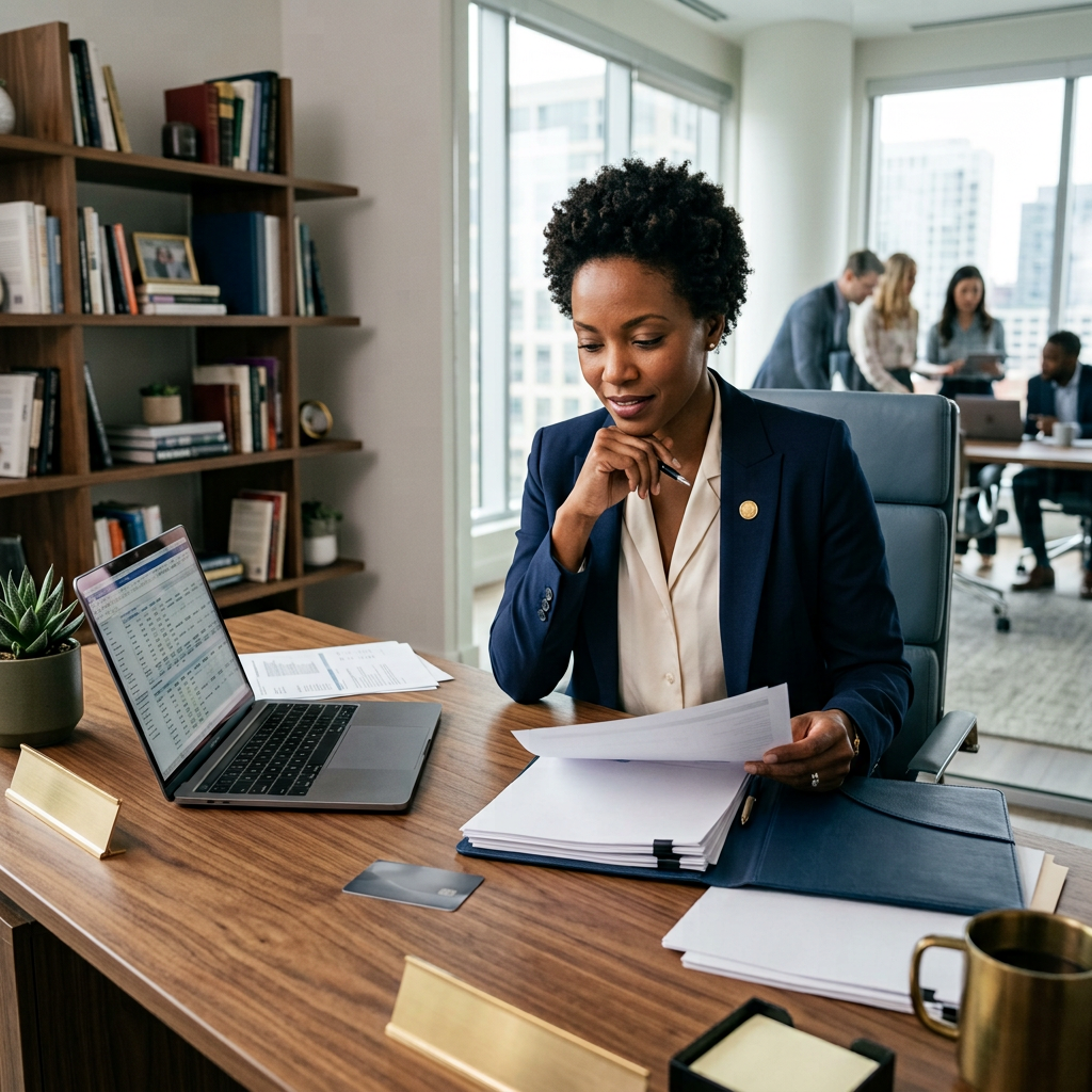 Professional reviewing business documents at a desk