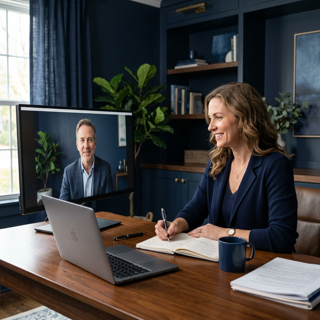 Professional participating in a video meeting while taking notes
