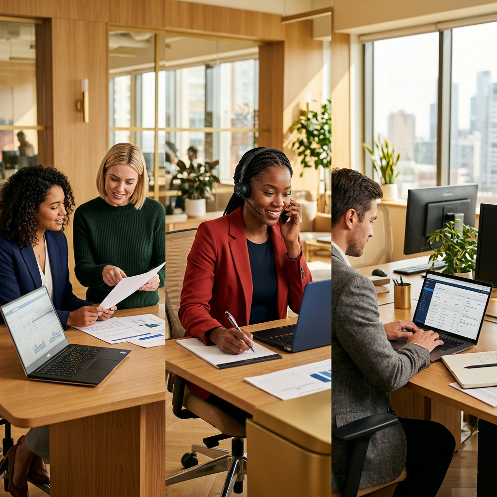 Business support team working together around a shared table