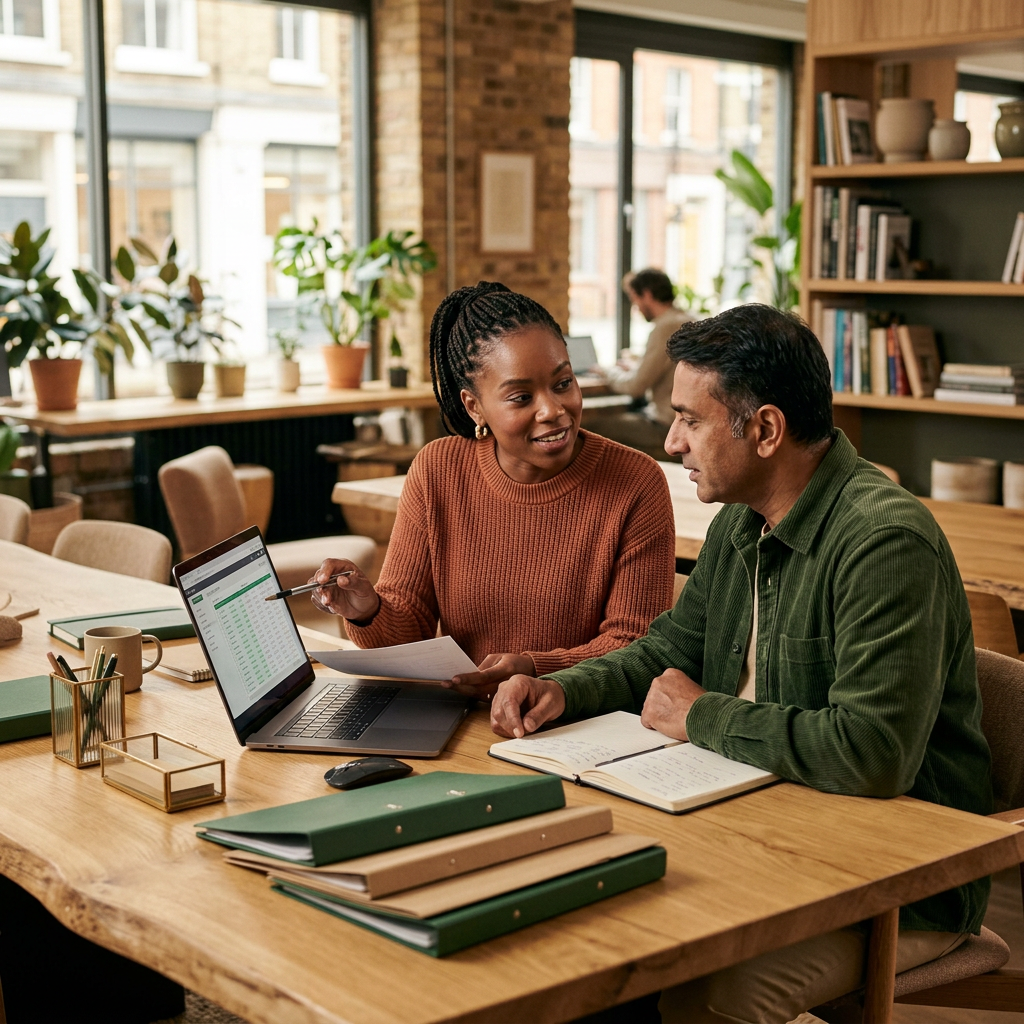 Two professionals reviewing business plans together