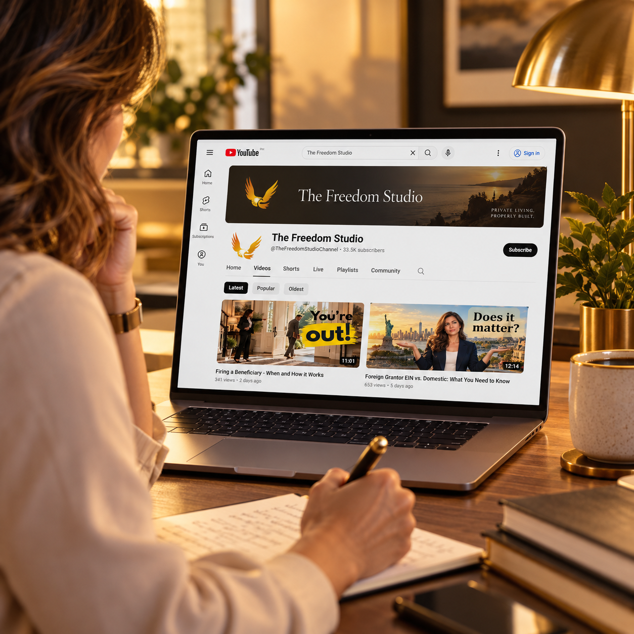 A person viewing The Freedom Studio YouTube channel on a laptop