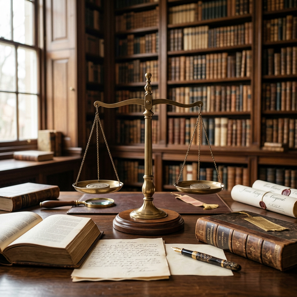 Brass balance scales surrounded by legal books and documents in a library