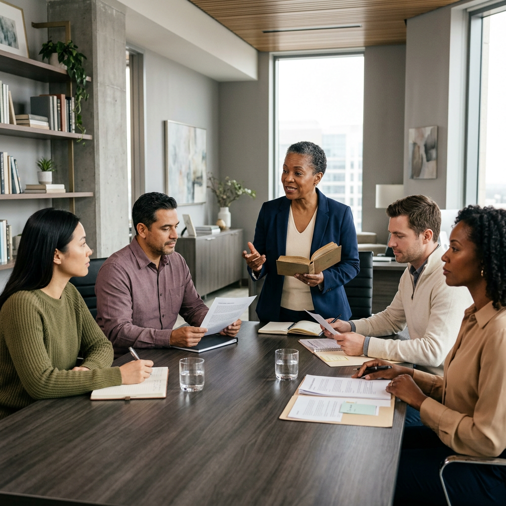 An educator leading a small group discussion around a table