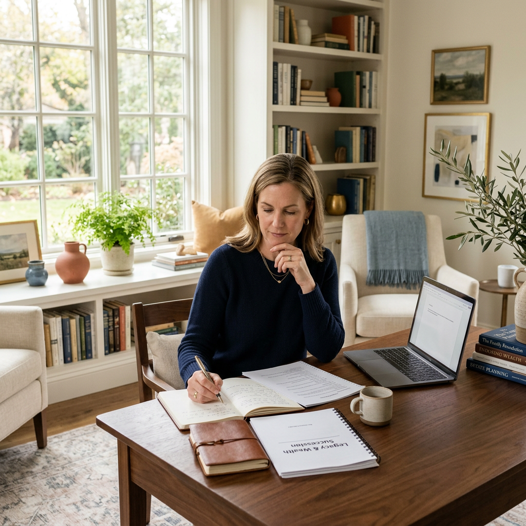 Woman studying documents and taking notes at home