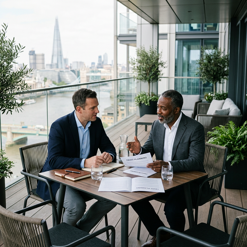 Two professionals discussing trust planning at an outdoor table