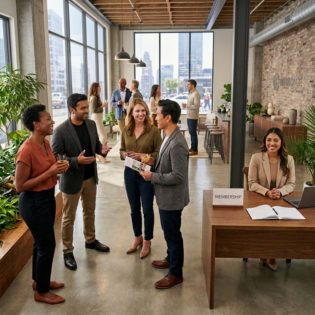 People talking together in a bright professional gathering space