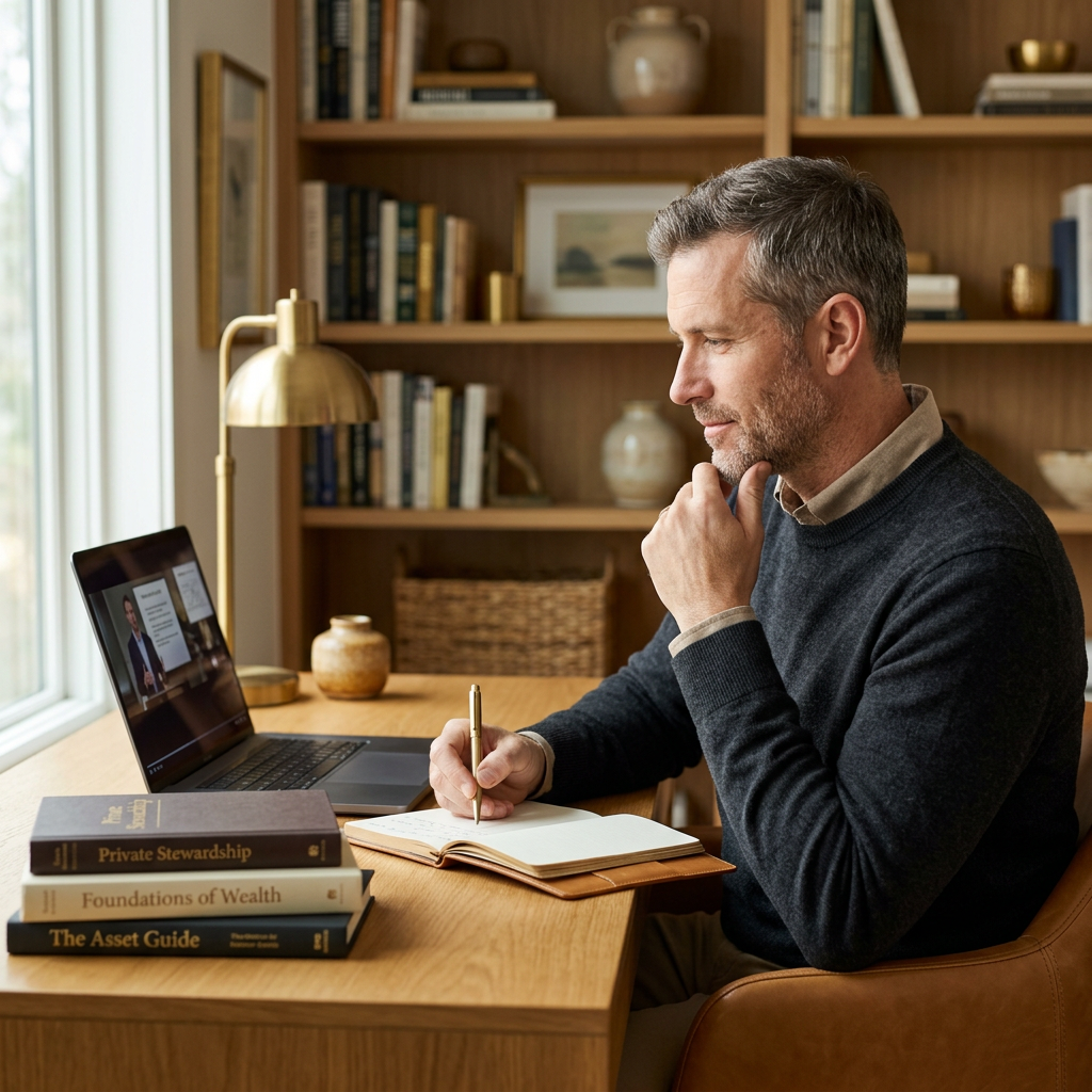 A person taking notes while watching an educational session on a laptop
