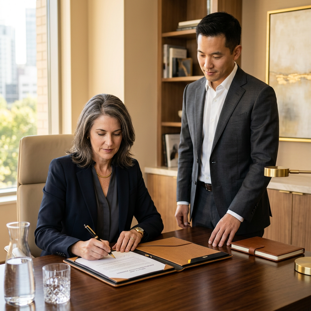 Two professionals reviewing and signing documents in a private office