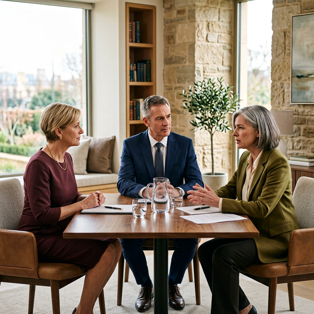 Three professionals in a private facilitated conversation