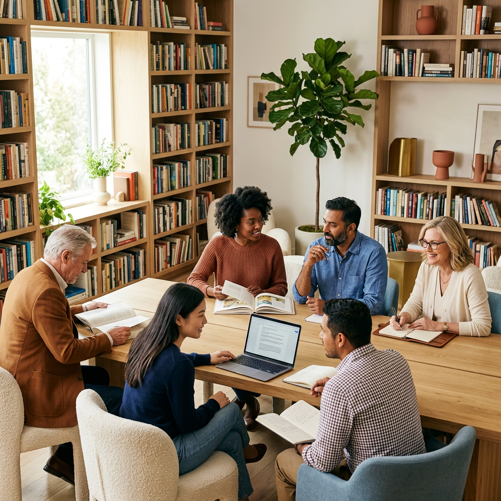 A study group discussing books and digital resources around a table
