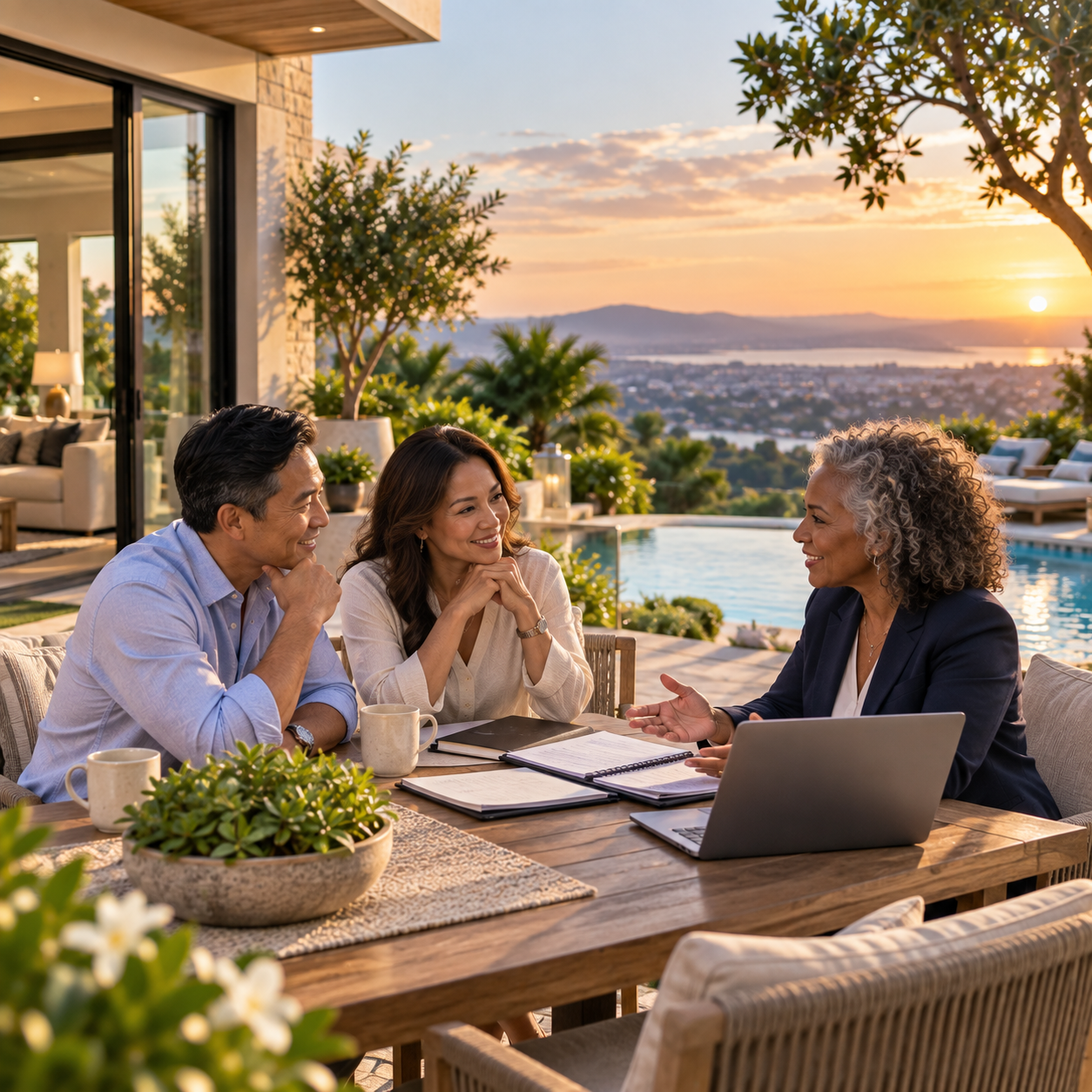 Small group discussing documents at an outdoor table