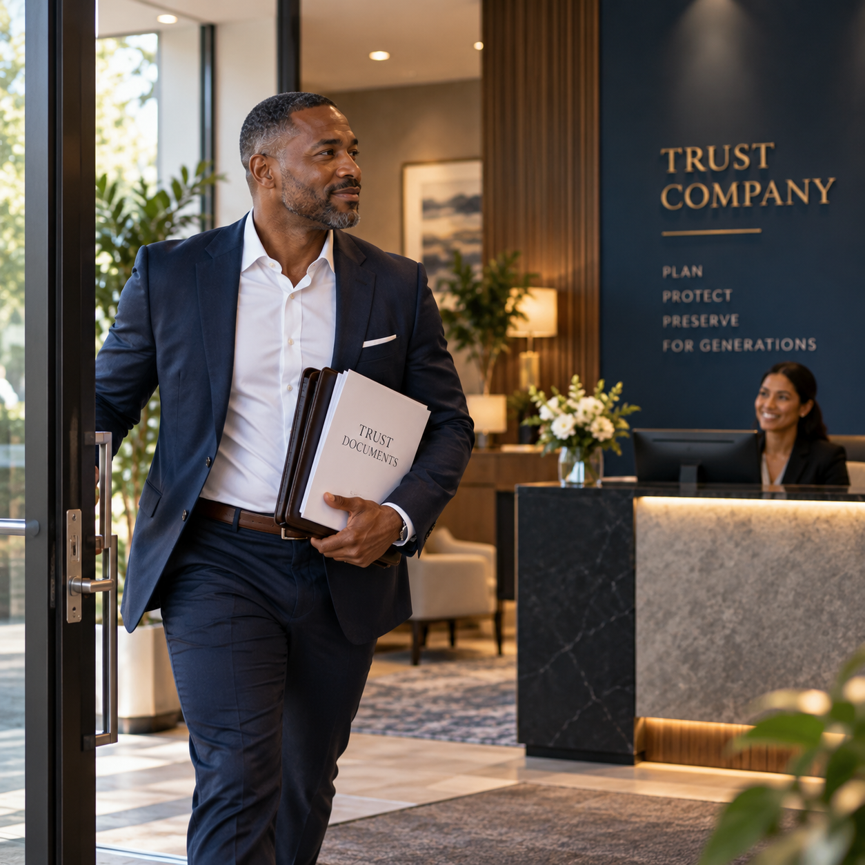 Professional holding trust documents in a formal office reception