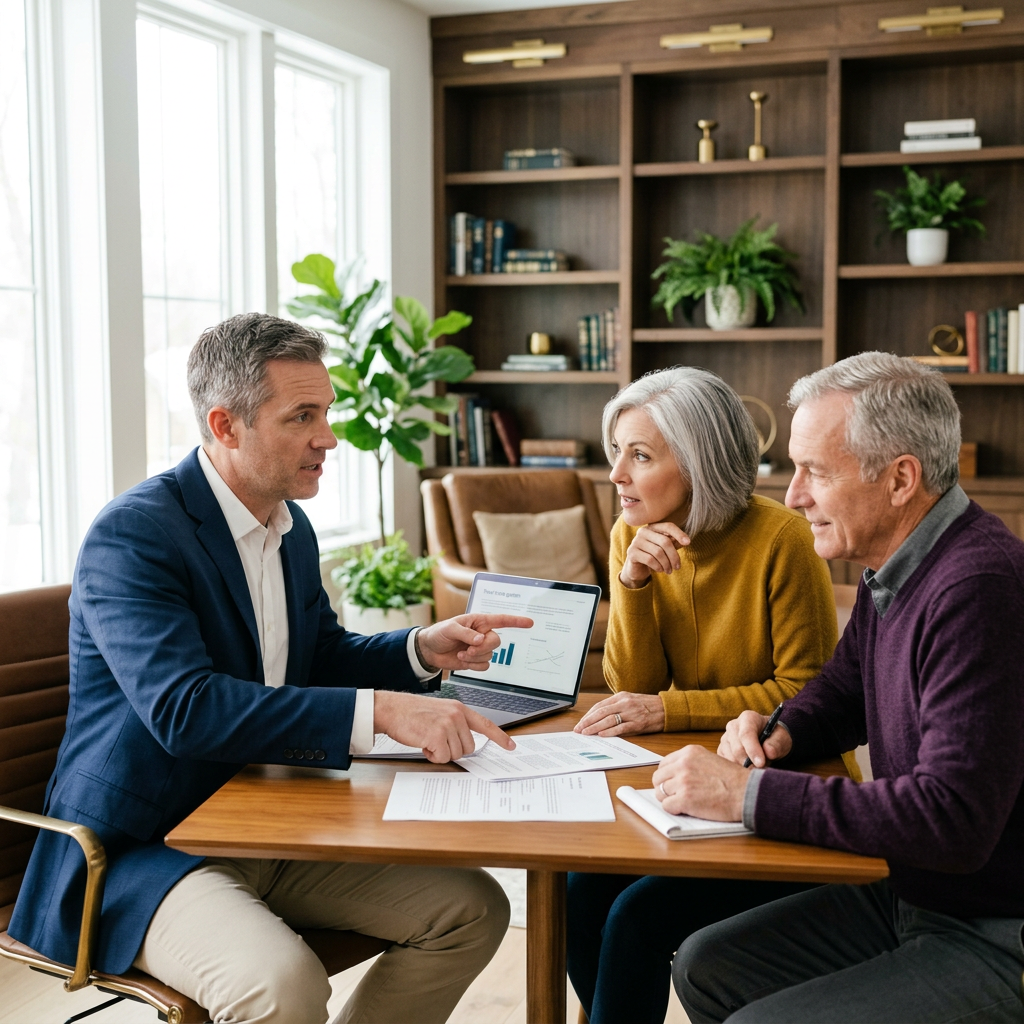 Advisor guiding two people through trust documents