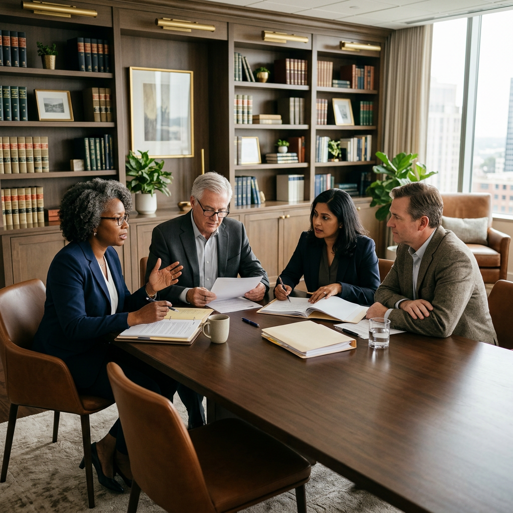 Four professionals discussing trust responsibilities around a table