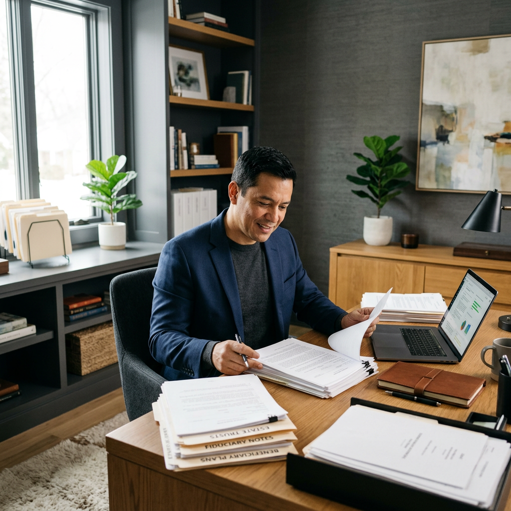 Professional organizing trust documents at a desk