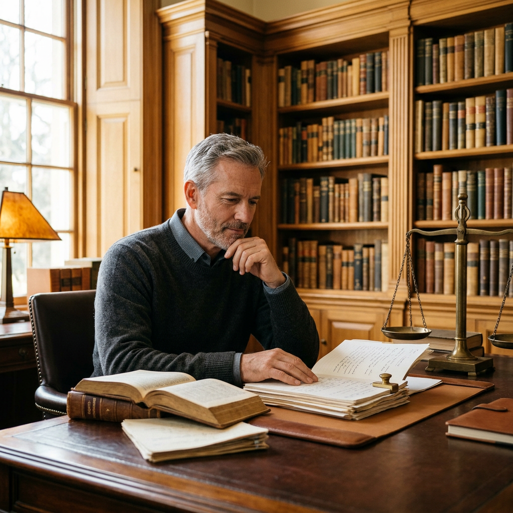 A man studying legal documents beside books and balance scales in a library