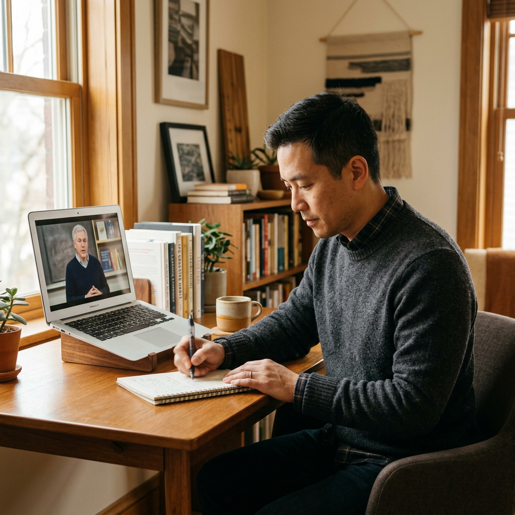 A person taking notes while watching an educational video at a desk